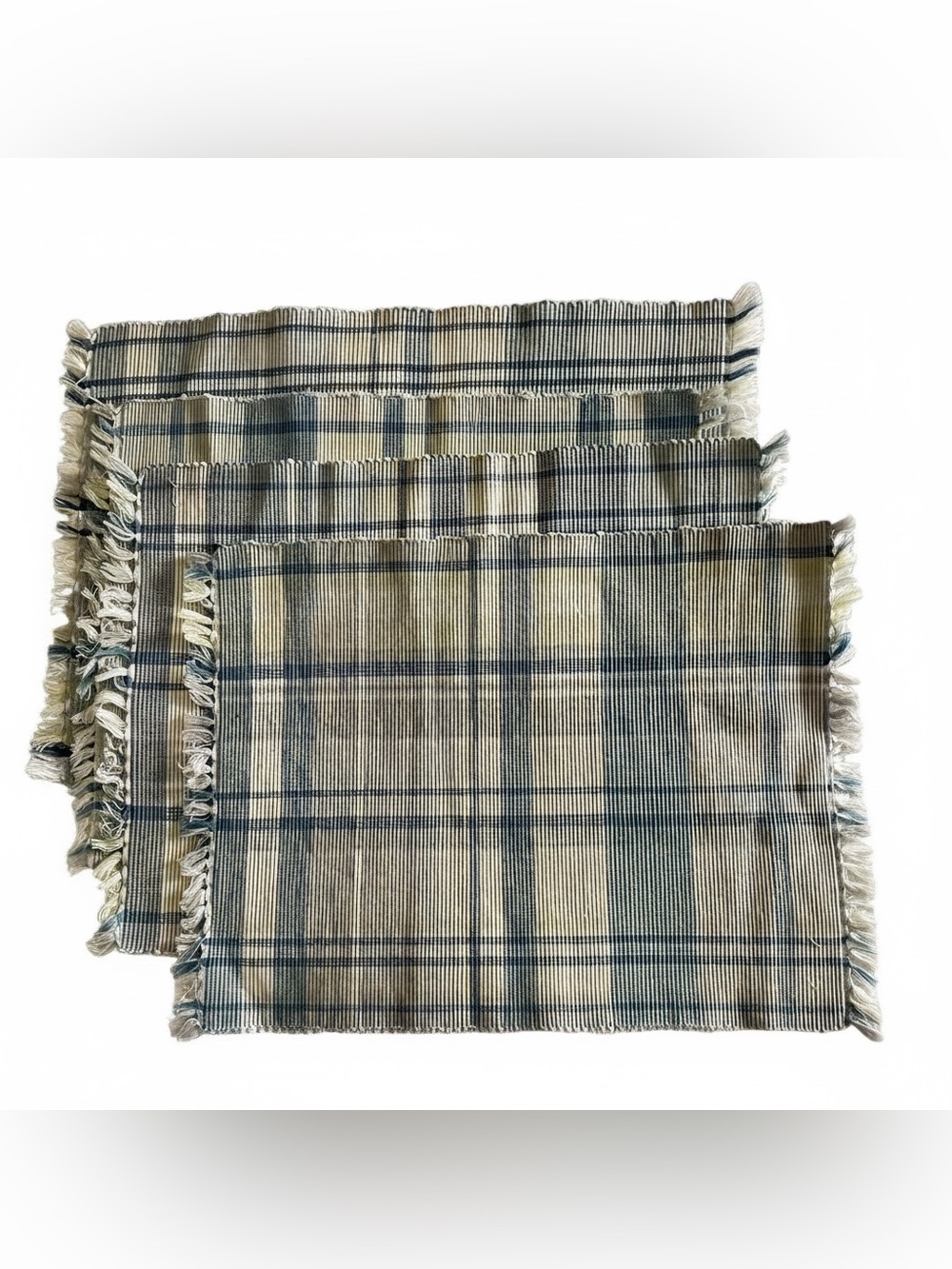 Four Plaid Woven Placemat Set - Blue, White & Green 14 x 20